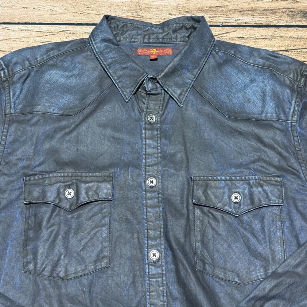 7 For All Mankind Western Shirt Mens Large Blue Lyocell Iridescent AM0090-C97
